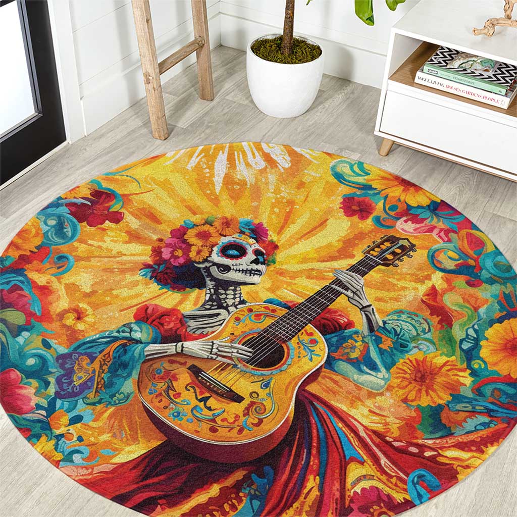 Round sugar skull guitar rug with vivid yellow, blue, and pink floral details
