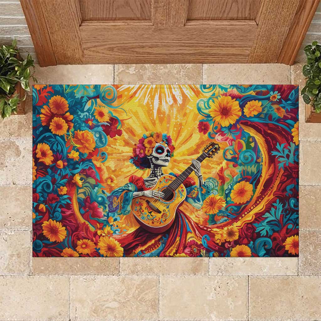 Mexico Day Of The Dead Rubber Doormat Sugar Skull Girl With Guitar Colorful Vibes