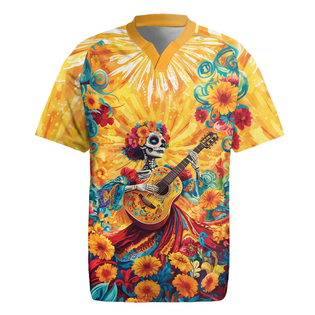 Mexico Day Of The Dead Rugby Jersey Sugar Skull Girl With Guitar Colorful Vibes