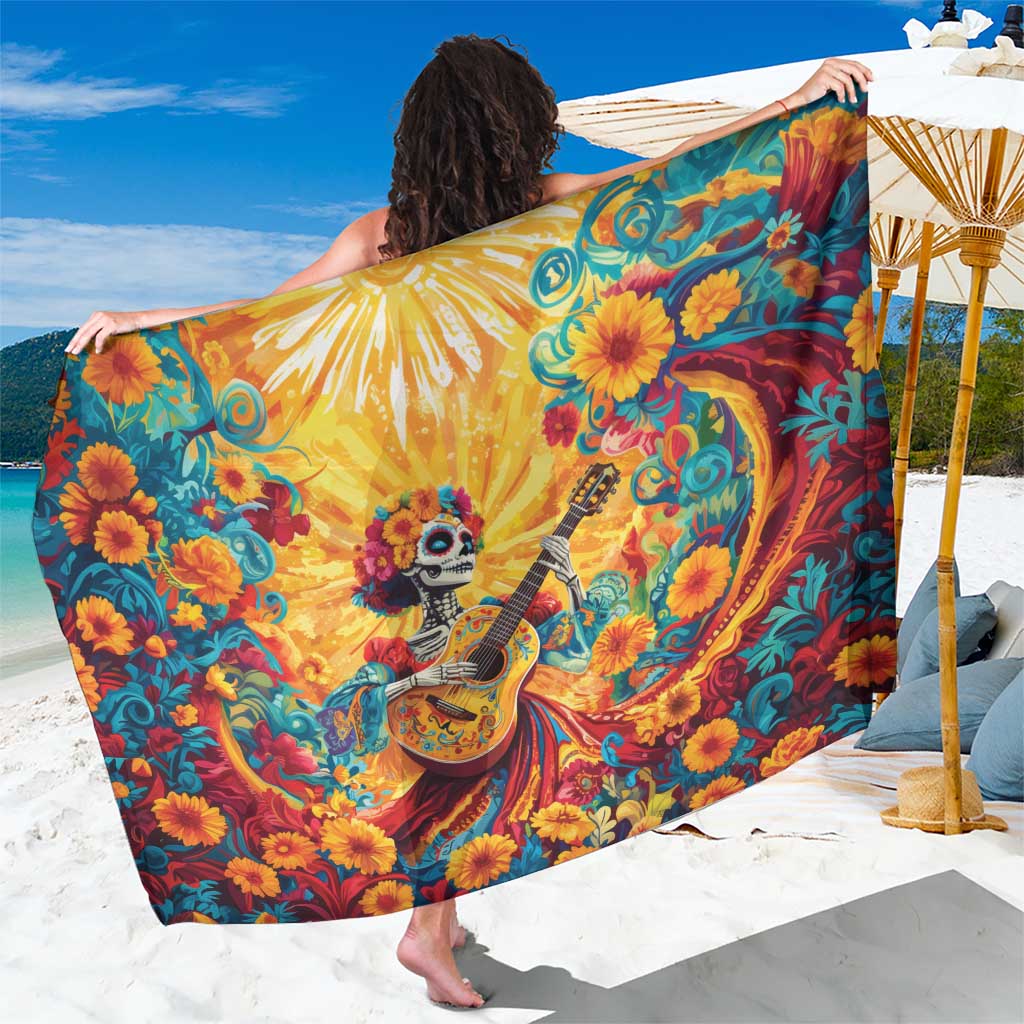 Colorful flower-print sarong with sugar skull girl holding a guitar, draped on model