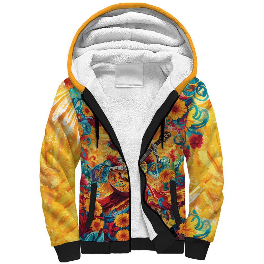 Mexico Day Of The Dead Sherpa Hoodie Sugar Skull Girl With Guitar Colorful Vibes