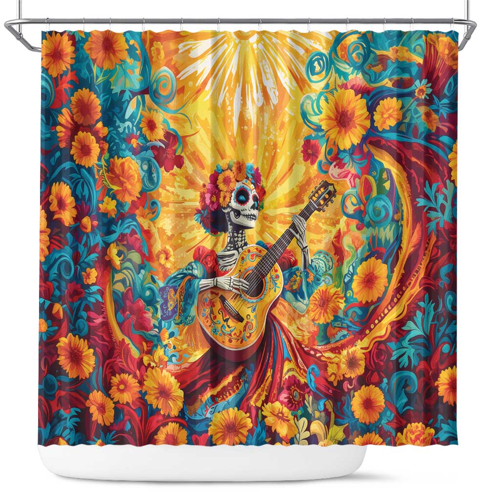 Colorful sugar skull girl shower curtain holding a guitar, surrounded by flowers and sun rays