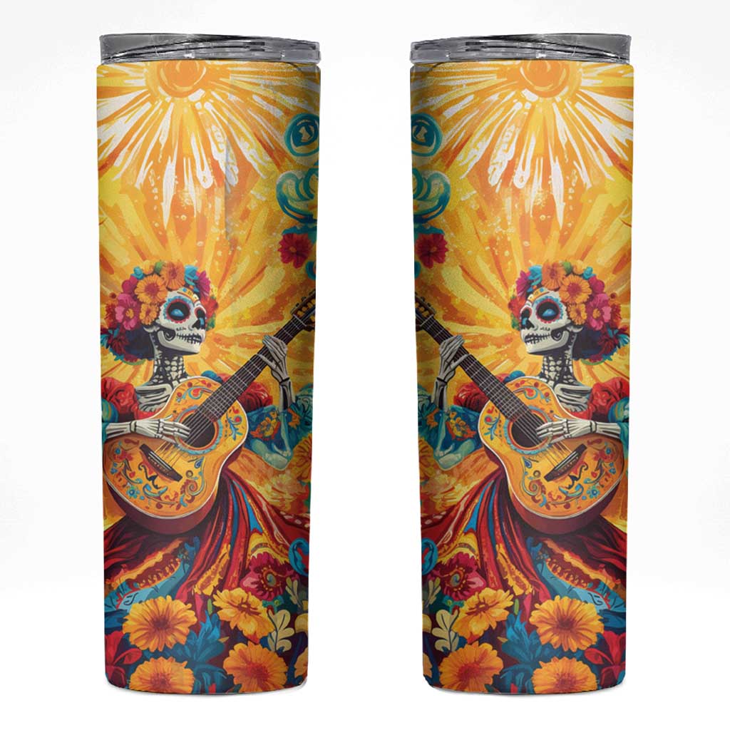 Mexico Day Of The Dead Skinny Tumbler Sugar Skull Girl With Guitar Colorful Vibes