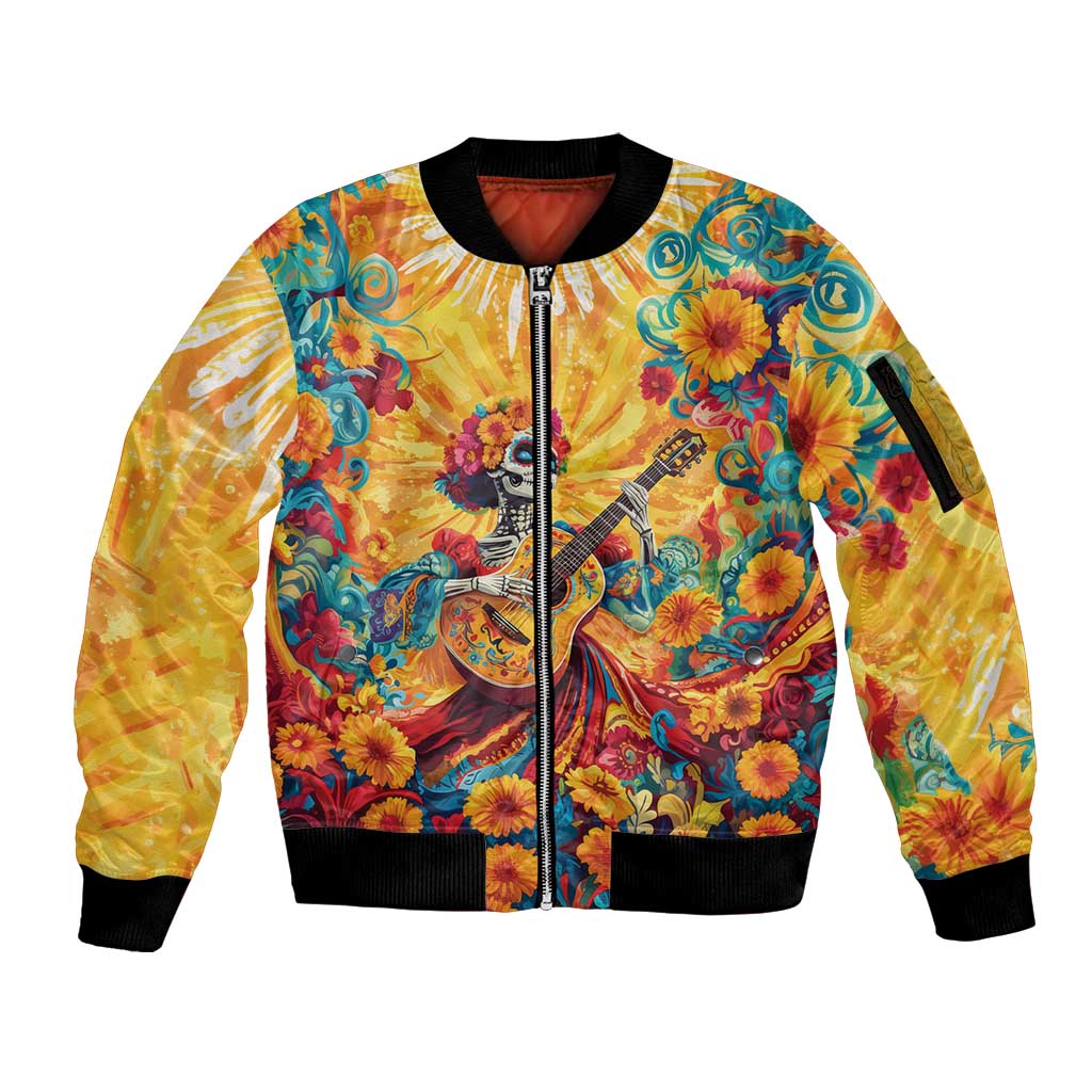 Mexico Day Of The Dead Sleeve Zip Bomber Jacket Sugar Skull Girl With Guitar Colorful Vibes