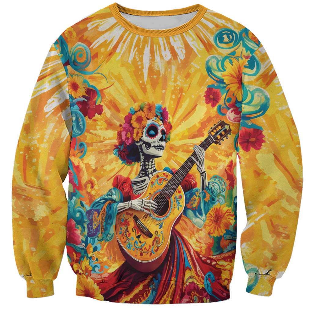 Unisex gold sweatshirt with sugar skull girl playing guitar, colorful floral artwork