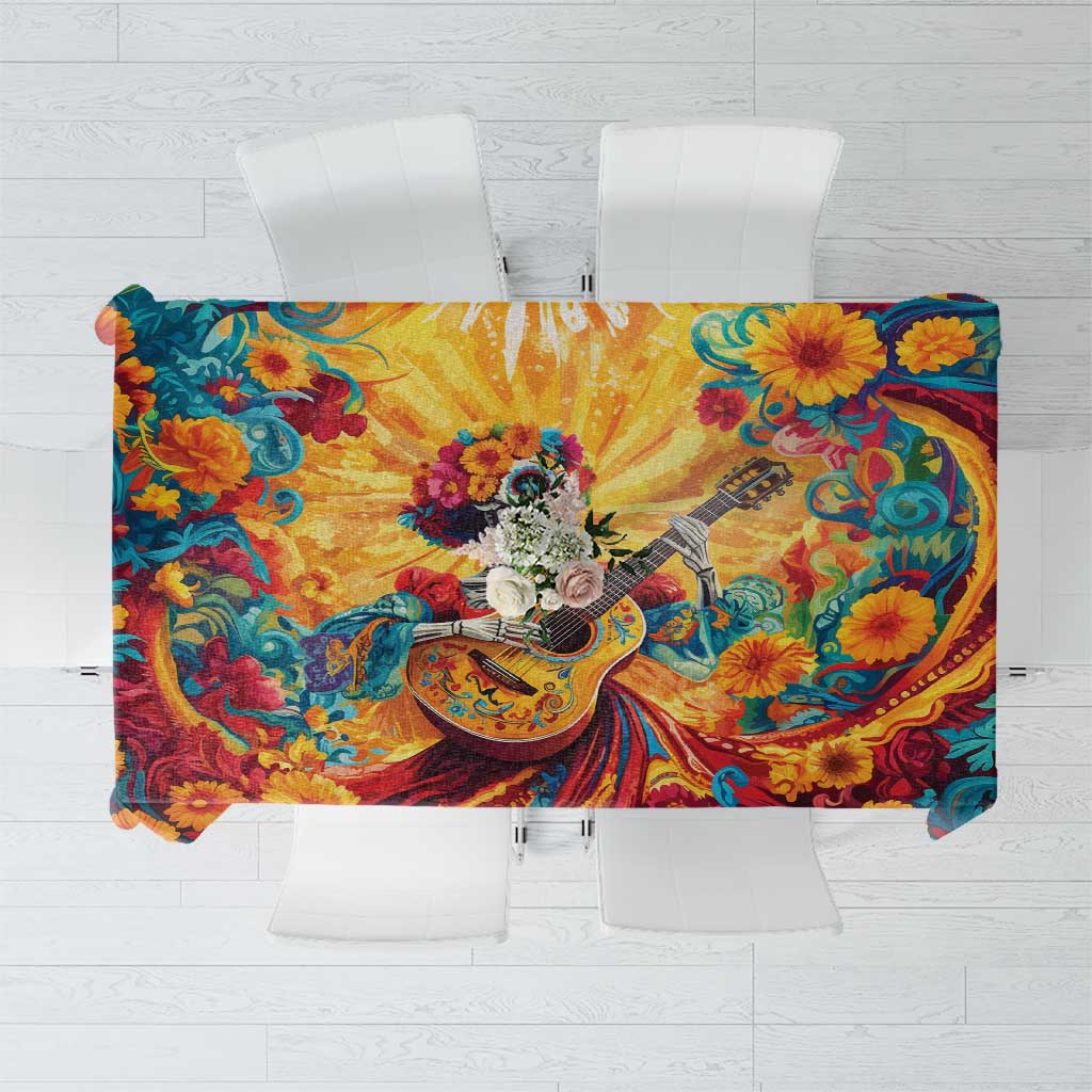 Rectangular Day of the Dead tablecloth with guitar artwork surrounded by bright flowers.