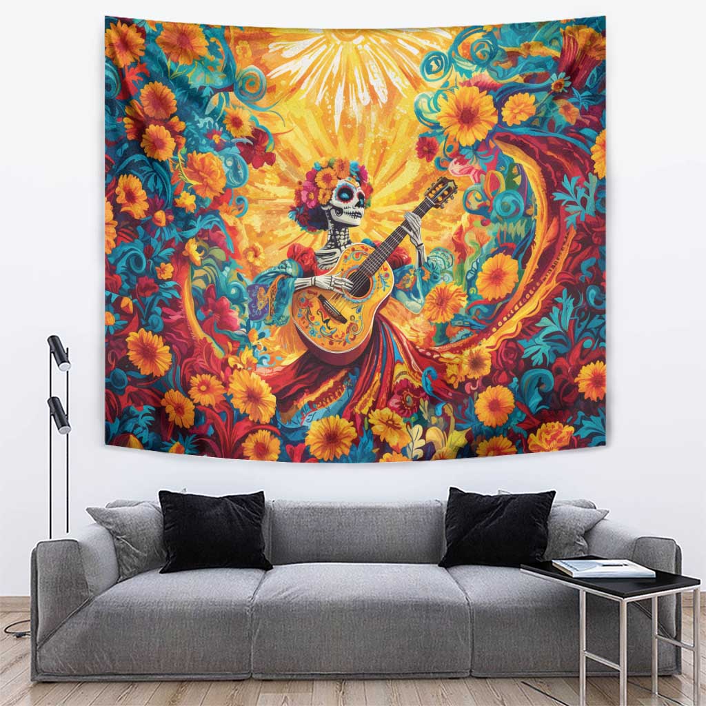 Mexico Day Of The Dead Tapestry Sugar Skull Girl With Guitar Colorful Vibes