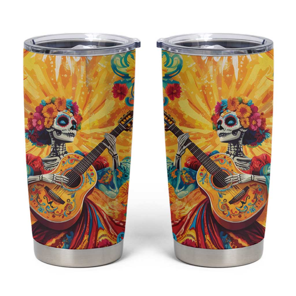 Mexico Day Of The Dead Tumbler Cup Sugar Skull Girl With Guitar Colorful Vibes