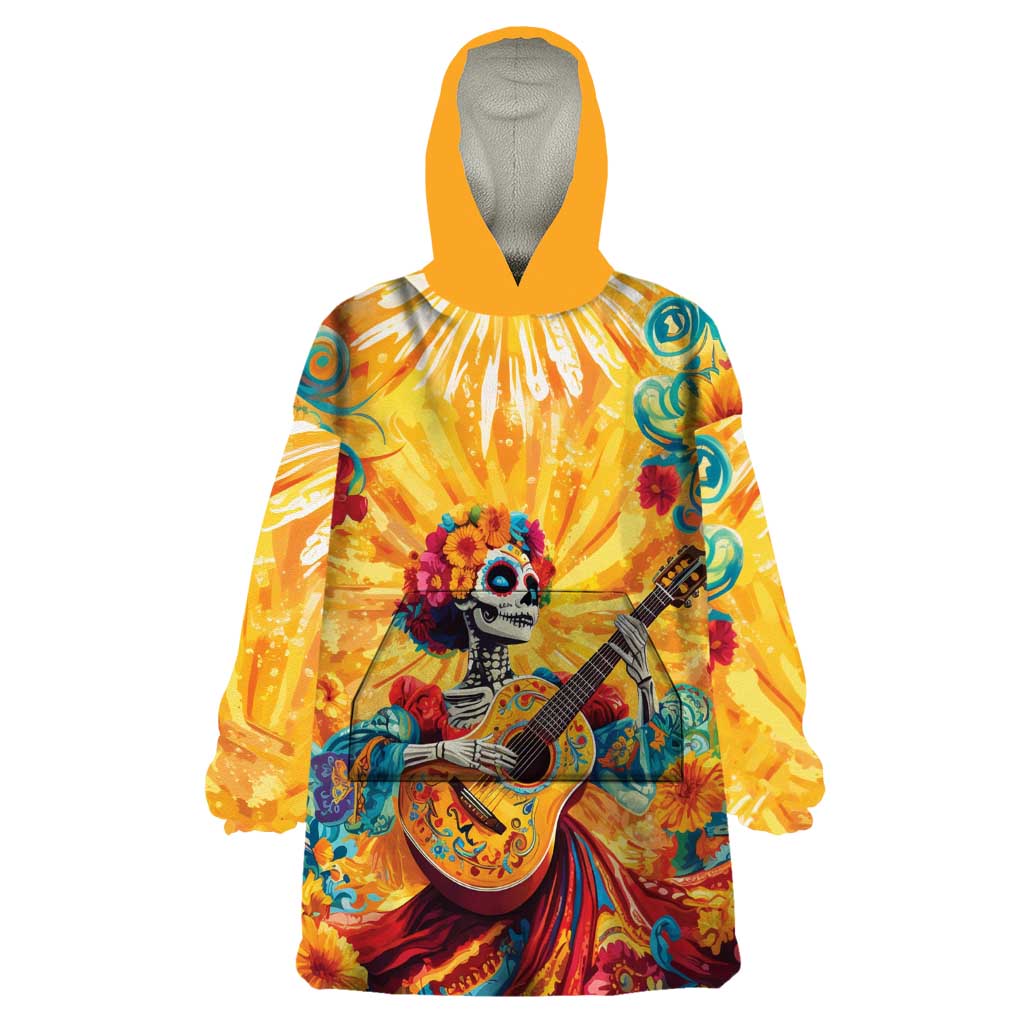 Mexico Day Of The Dead Wearable Blanket Hoodie Sugar Skull Girl With Guitar Colorful Vibes