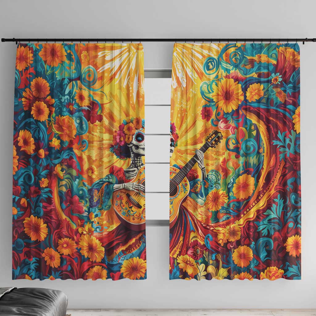 Pair of Day of the Dead curtain panels with sugar skull girl and guitar, bright floral prints