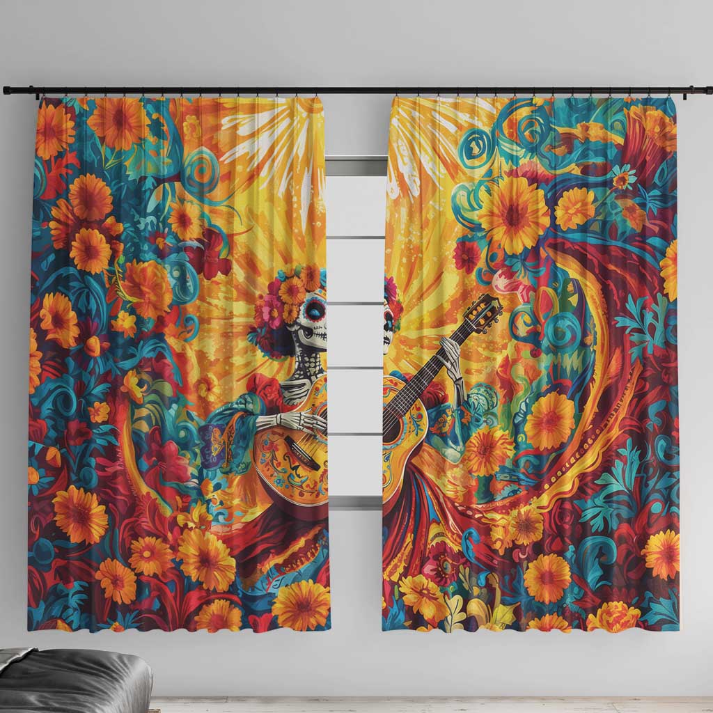 Mexico Day Of The Dead Window Curtain Sugar Skull Girl With Guitar Colorful Vibes