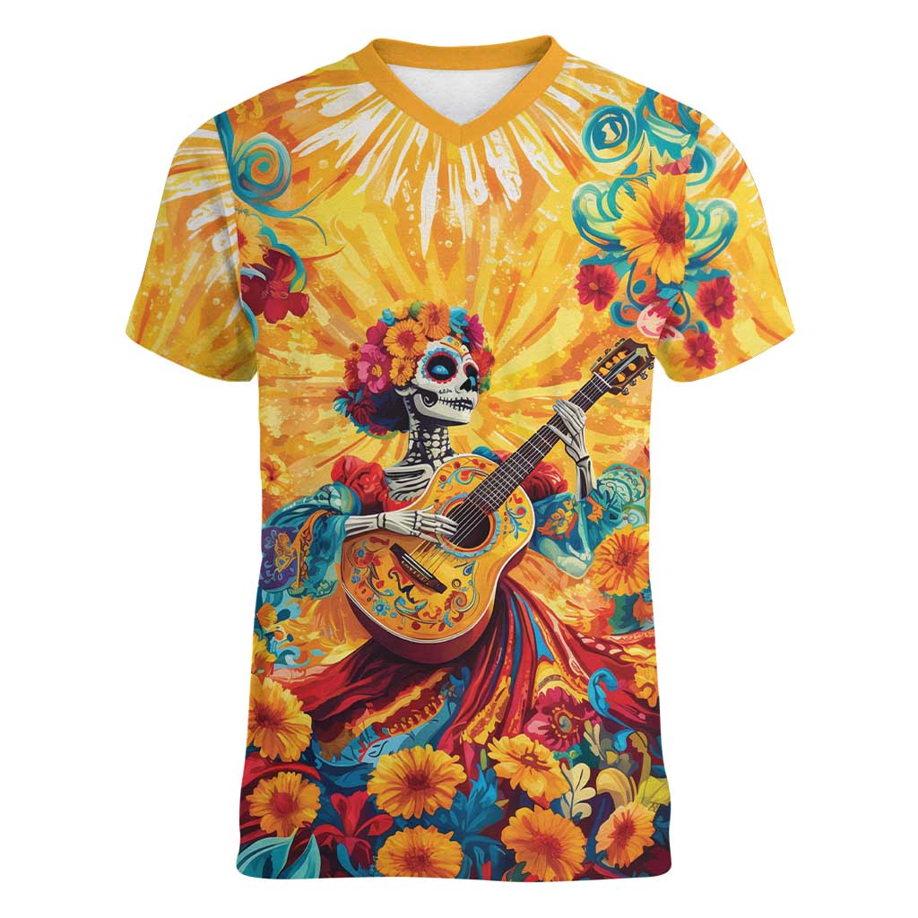 Mexico Day Of The Dead Women V-Neck T-Shirt Sugar Skull Girl With Guitar Colorful Vibes - Wonder Print Shop