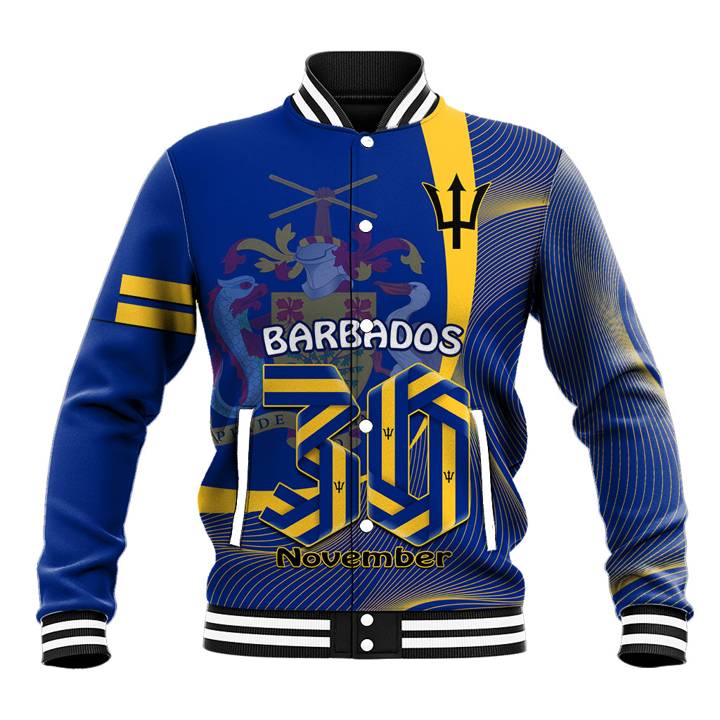 Blue personalized baseball jacket with Barbados and November graphic on front