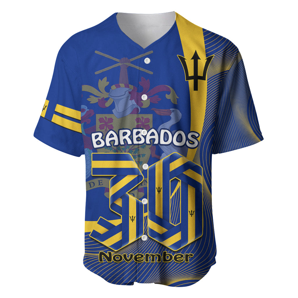 Blue baseball jersey with Barbados graphics, yellow trim, buttons and short sleeves