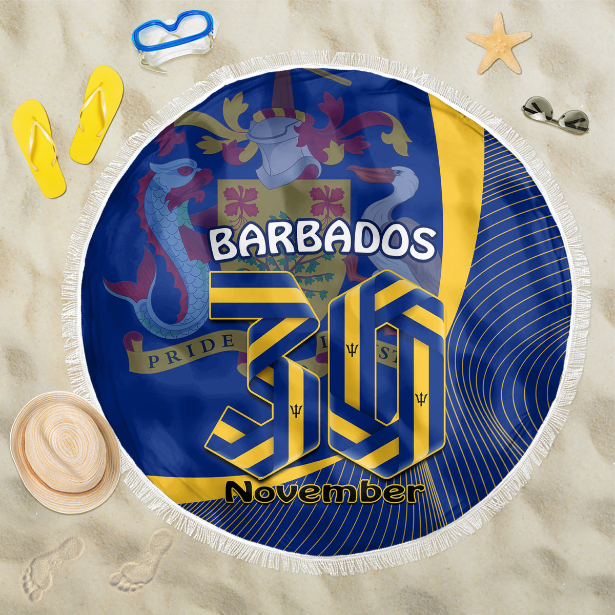 Round blue beach blanket with Barbados Pride November graphic and white fringe edge.