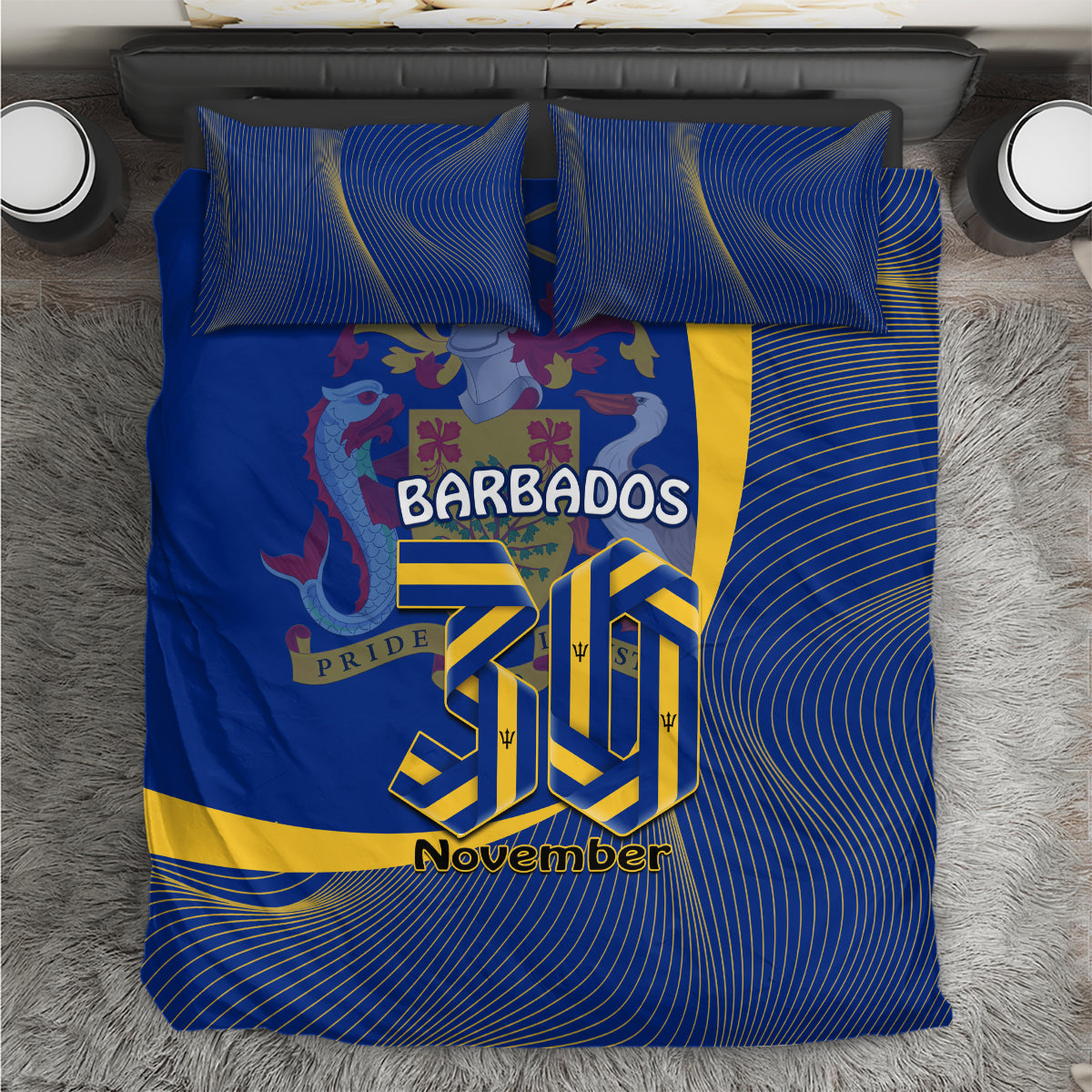 Blue Barbados-themed bedding set with two pillows, wave stripes, 'BARBADOS' and 'November' print