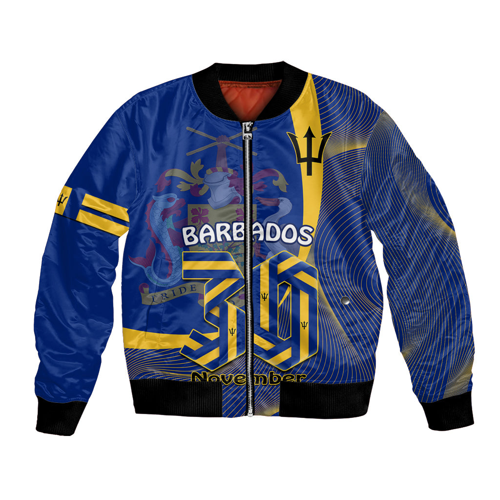 Blue unisex bomber jacket with full-zip front and gold Barbados crest print