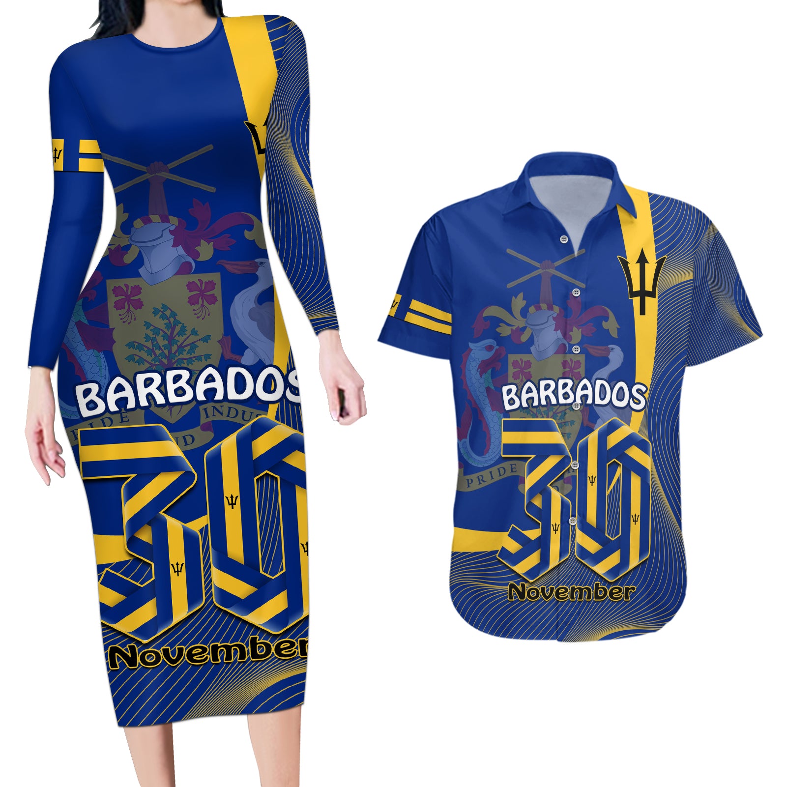 Personalised Barbados Independence Day Couples Matching Long Sleeve Bodycon Dress and Hawaiian Shirt 30 November Happy Anniversary Barbadian - Wonder Print Shop