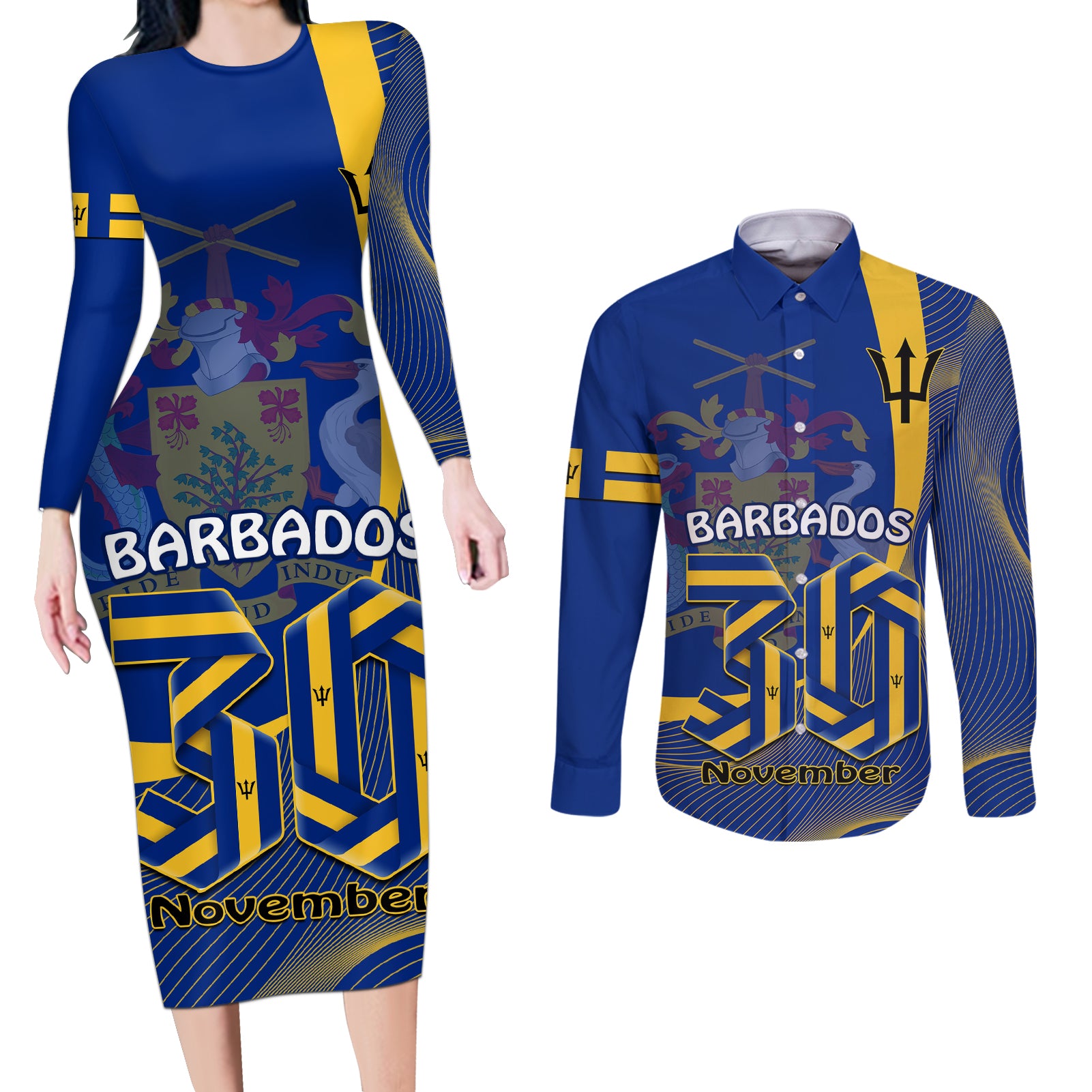 Personalised Barbados Independence Day Couples Matching Long Sleeve Bodycon Dress and Long Sleeve Button Shirt 30 November Happy Anniversary Barbadian - Wonder Print Shop