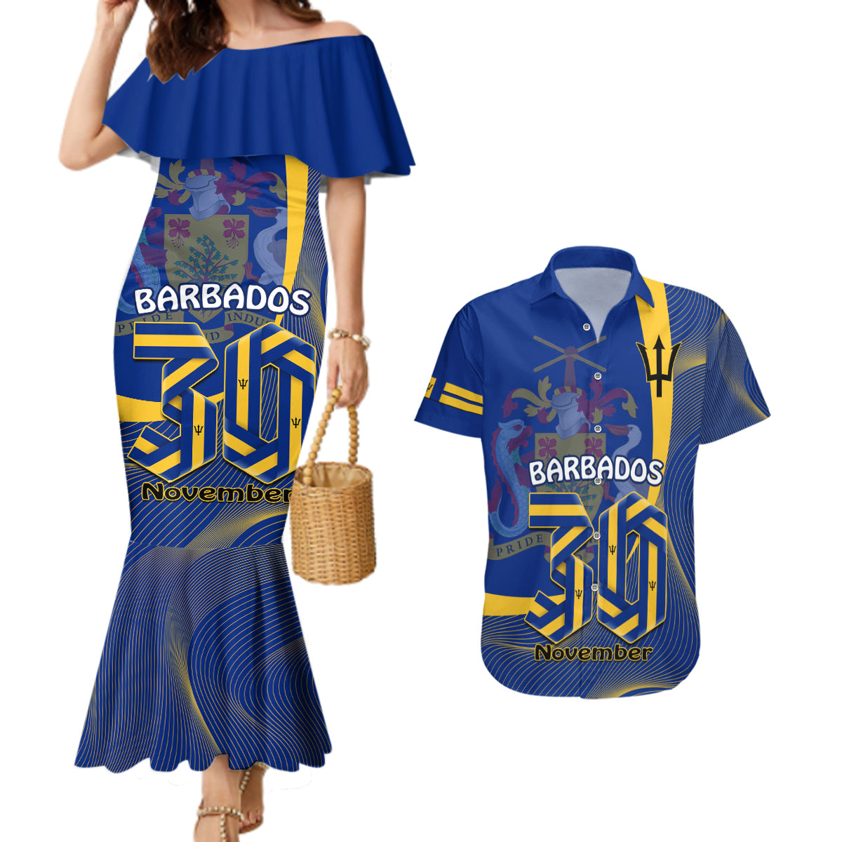 Personalised Barbados Independence Day Couples Matching Mermaid Dress and Hawaiian Shirt 30 November Happy Anniversary Barbadian - Wonder Print Shop