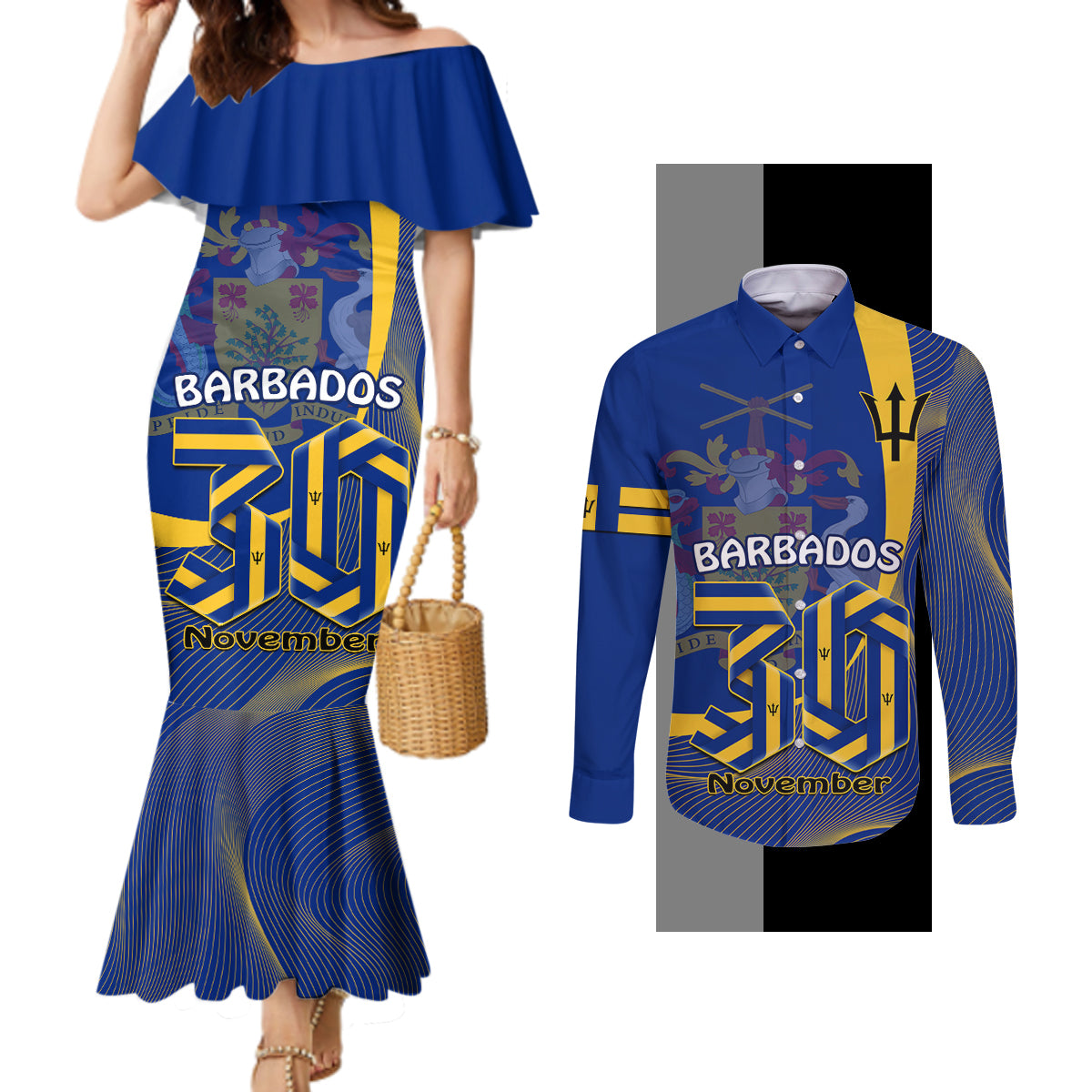 personalised-barbados-independence-day-couples-matching-mermaid-dress-and-long-sleeve-button-shirt-30-november-happy-anniversary-barbadian