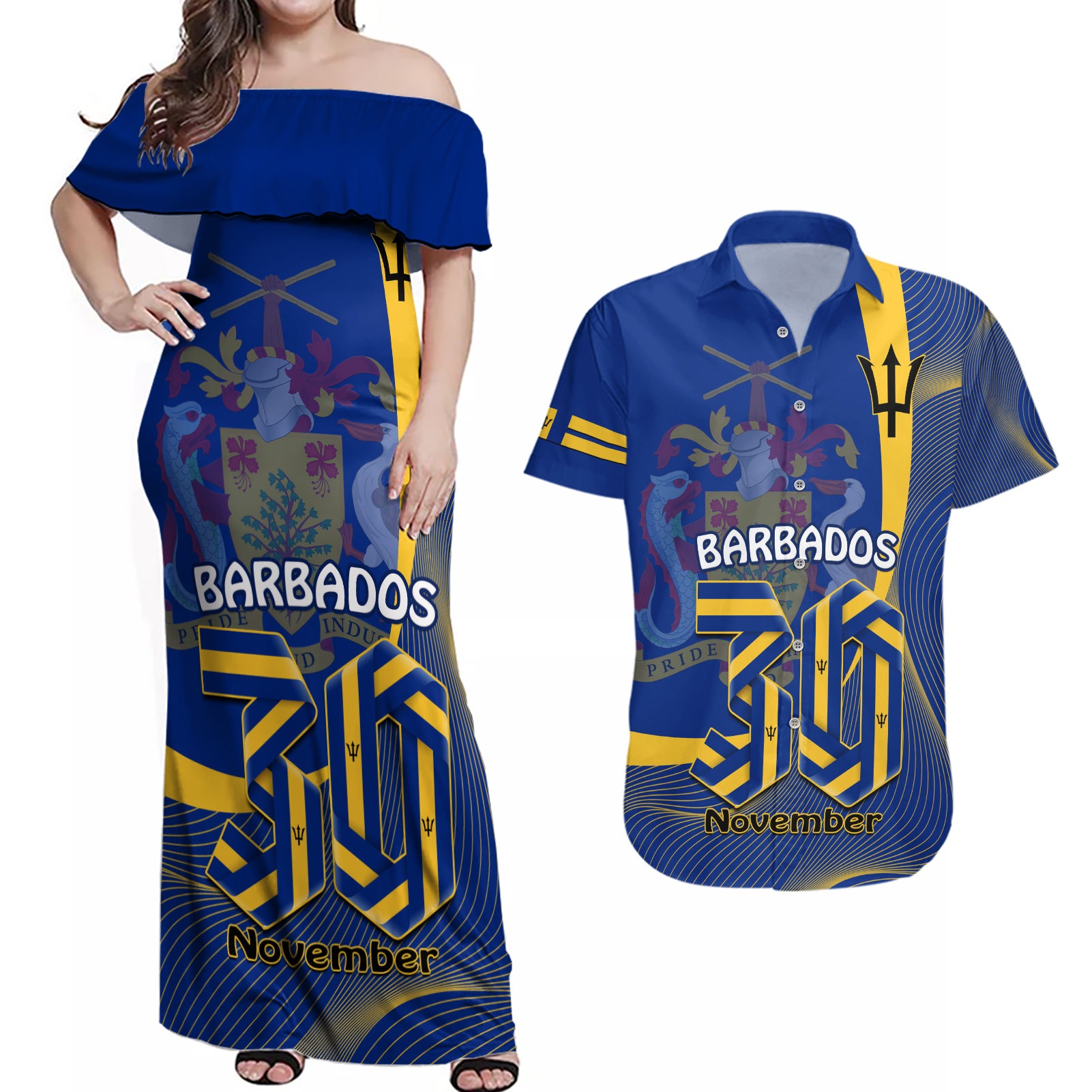 Personalised Barbados Independence Day Couples Matching Off Shoulder Maxi Dress and Hawaiian Shirt 30 November Happy Anniversary Barbadian - Wonder Print Shop