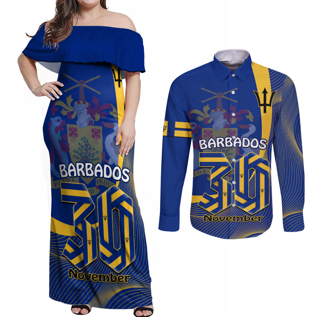 Personalised Barbados Independence Day Couples Matching Off Shoulder Maxi Dress and Long Sleeve Button Shirt 30 November Happy Anniversary Barbadian - Wonder Print Shop