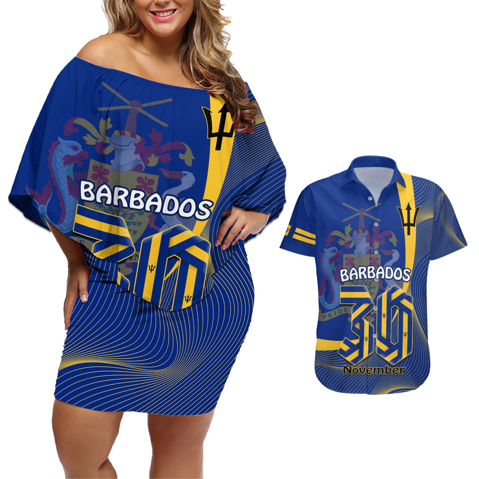 Personalised Barbados Independence Day Couples Matching Off Shoulder Short Dress and Hawaiian Shirt 30 November Happy Anniversary Barbadian - Wonder Print Shop