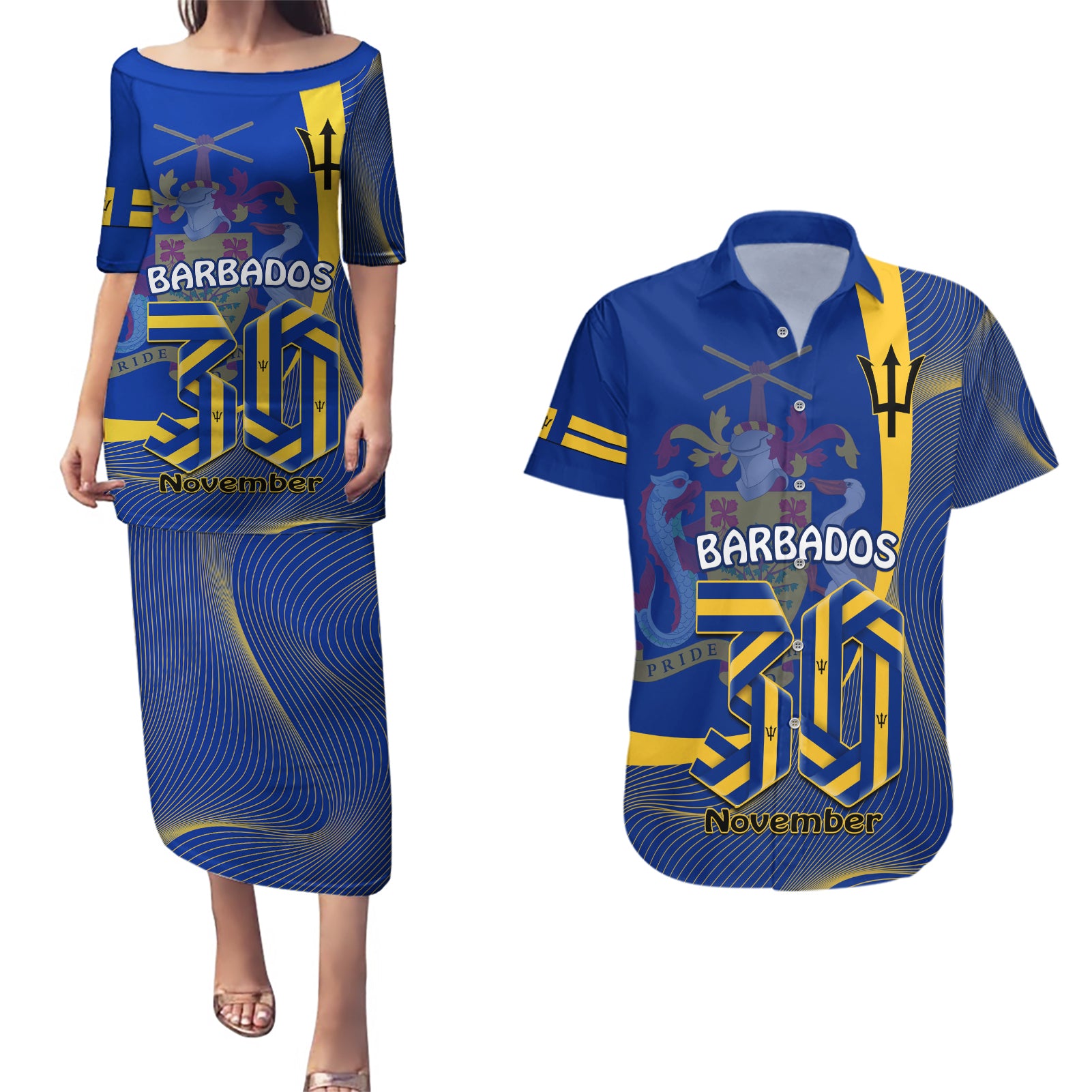 Personalised Barbados Independence Day Couples Matching Puletasi Dress and Hawaiian Shirt 30 November Happy Anniversary Barbadian - Wonder Print Shop