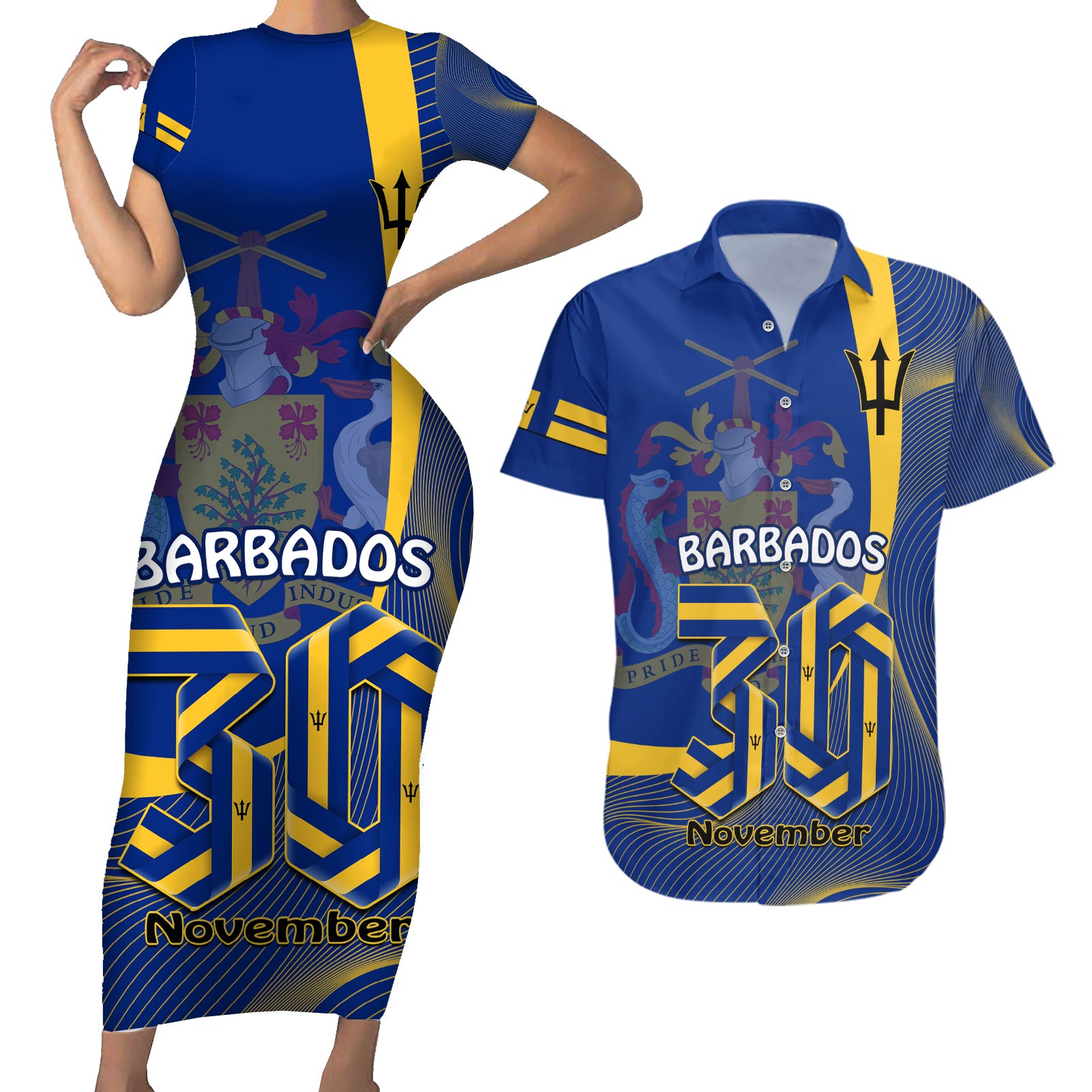 Personalised Barbados Independence Day Couples Matching Short Sleeve Bodycon Dress and Hawaiian Shirt 30 November Happy Anniversary Barbadian - Wonder Print Shop