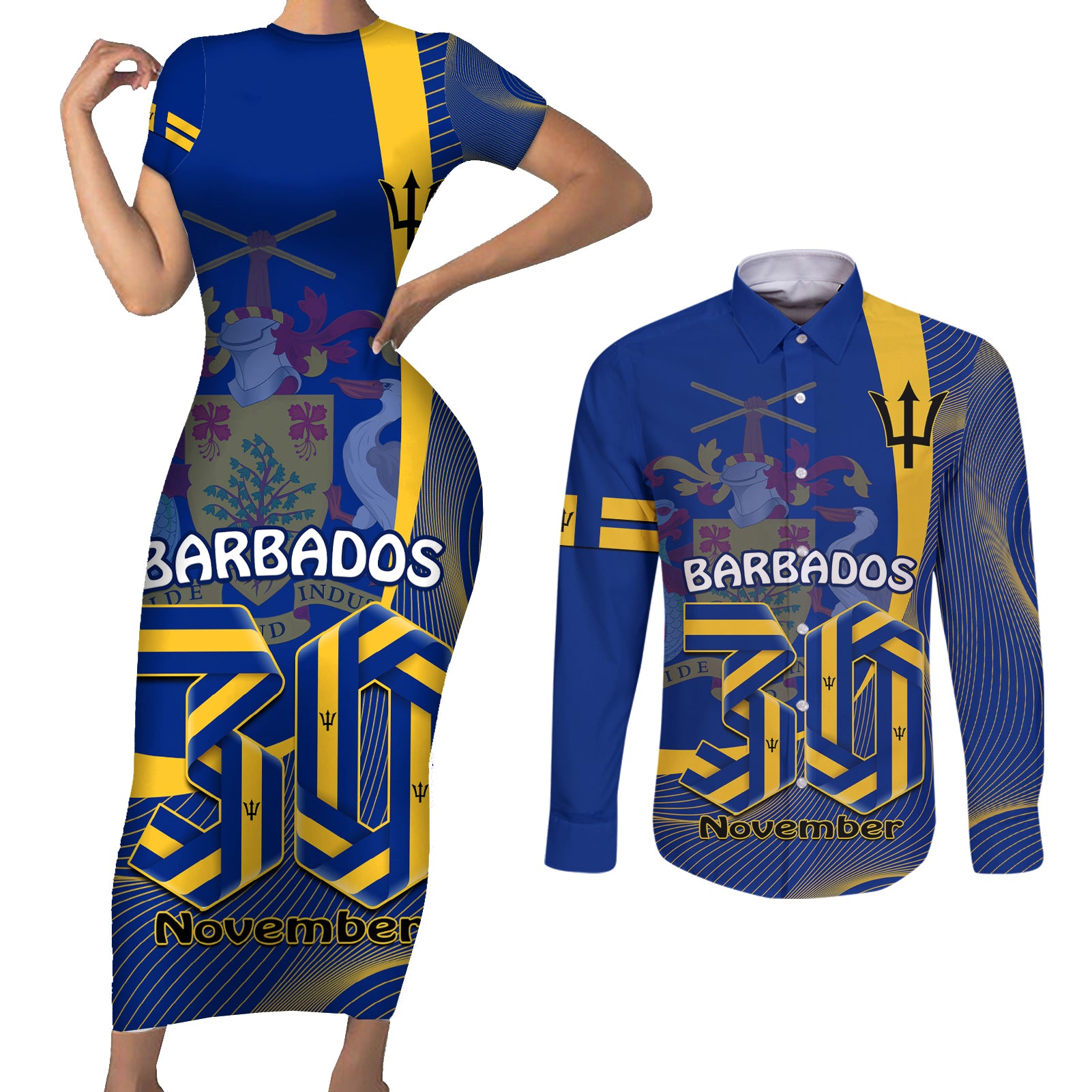 Personalised Barbados Independence Day Couples Matching Short Sleeve Bodycon Dress and Long Sleeve Button Shirt 30 November Happy Anniversary Barbadian - Wonder Print Shop