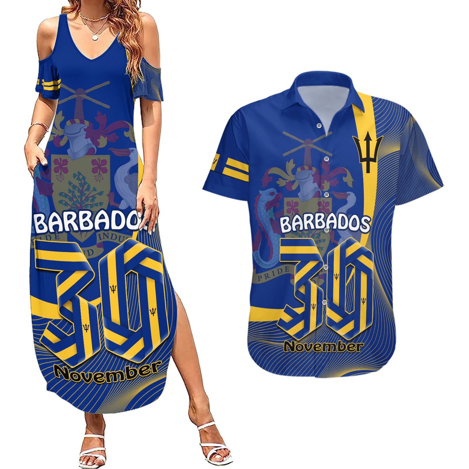 Personalised Barbados Independence Day Couples Matching Summer Maxi Dress and Hawaiian Shirt 30 November Happy Anniversary Barbadian - Wonder Print Shop