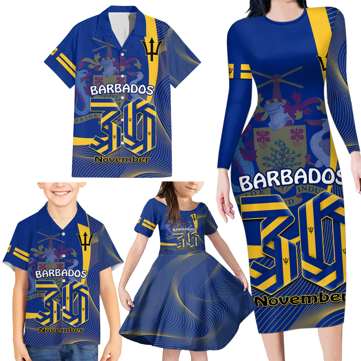 Personalised Barbados Independence Day Family Matching Long Sleeve Bodycon Dress and Hawaiian Shirt 30 November Happy Anniversary Barbadian - Wonder Print Shop