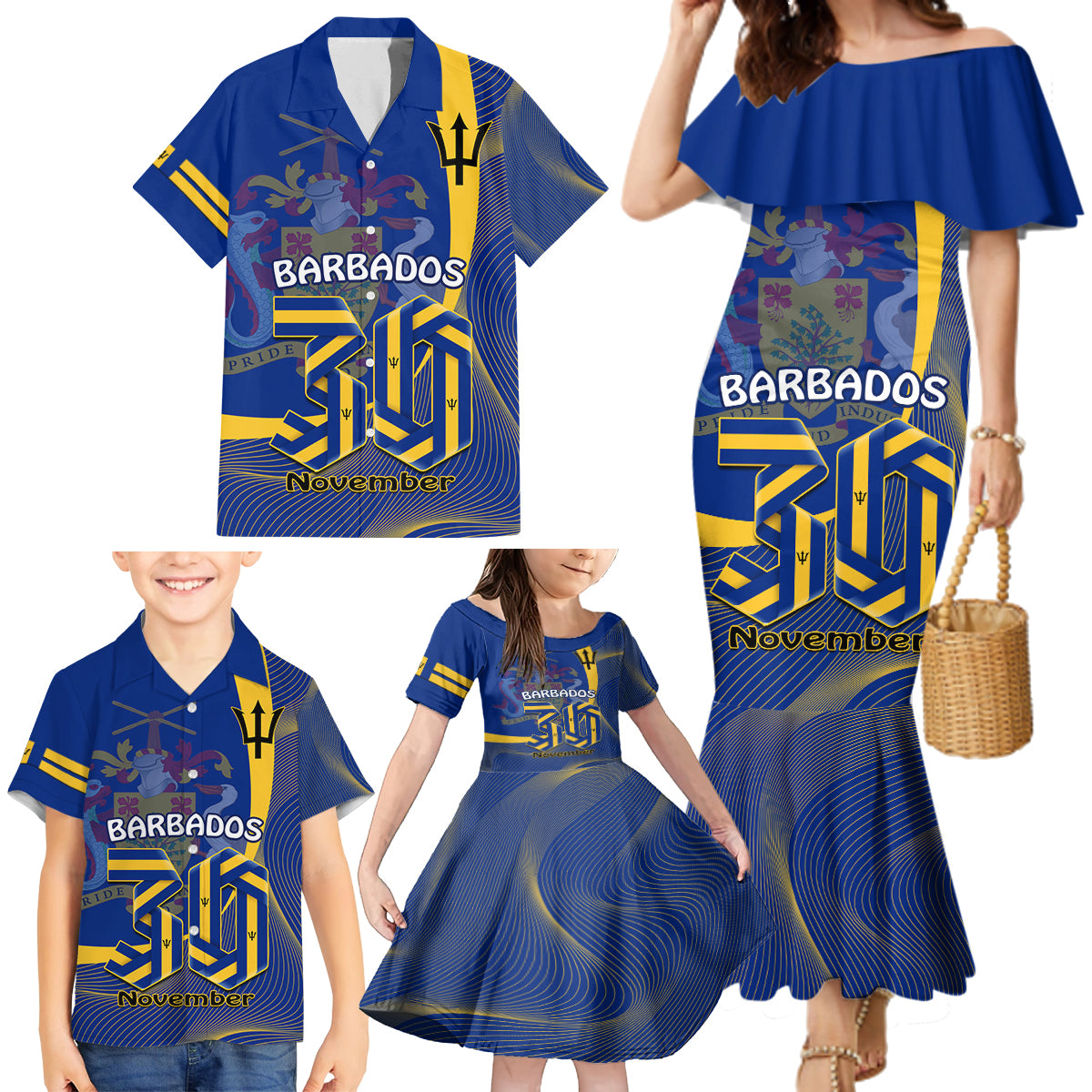 Personalised Barbados Independence Day Family Matching Mermaid Dress and Hawaiian Shirt 30 November Happy Anniversary Barbadian - Wonder Print Shop