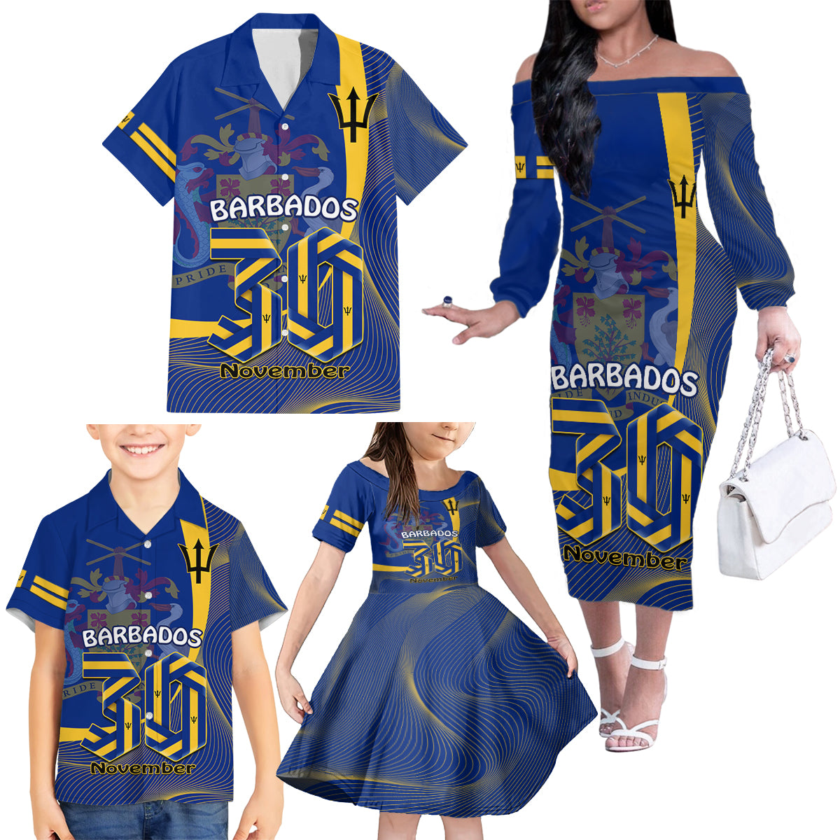 Personalised Barbados Independence Day Family Matching Off Shoulder Long Sleeve Dress and Hawaiian Shirt 30 November Happy Anniversary Barbadian - Wonder Print Shop