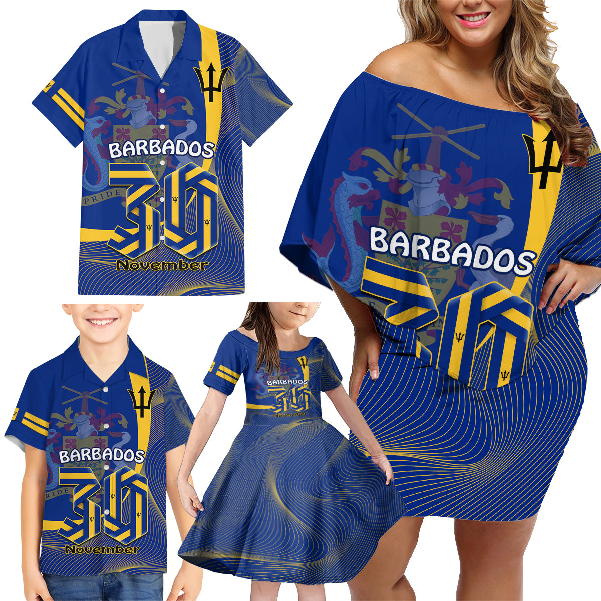 Personalised Barbados Independence Day Family Matching Off Shoulder Short Dress and Hawaiian Shirt 30 November Happy Anniversary Barbadian - Wonder Print Shop