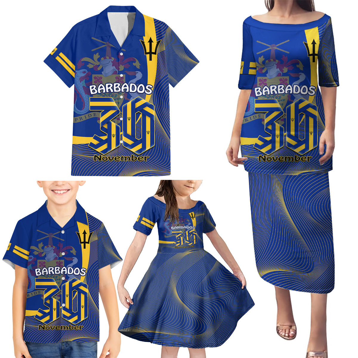 Personalised Barbados Independence Day Family Matching Puletasi Dress and Hawaiian Shirt 30 November Happy Anniversary Barbadian - Wonder Print Shop