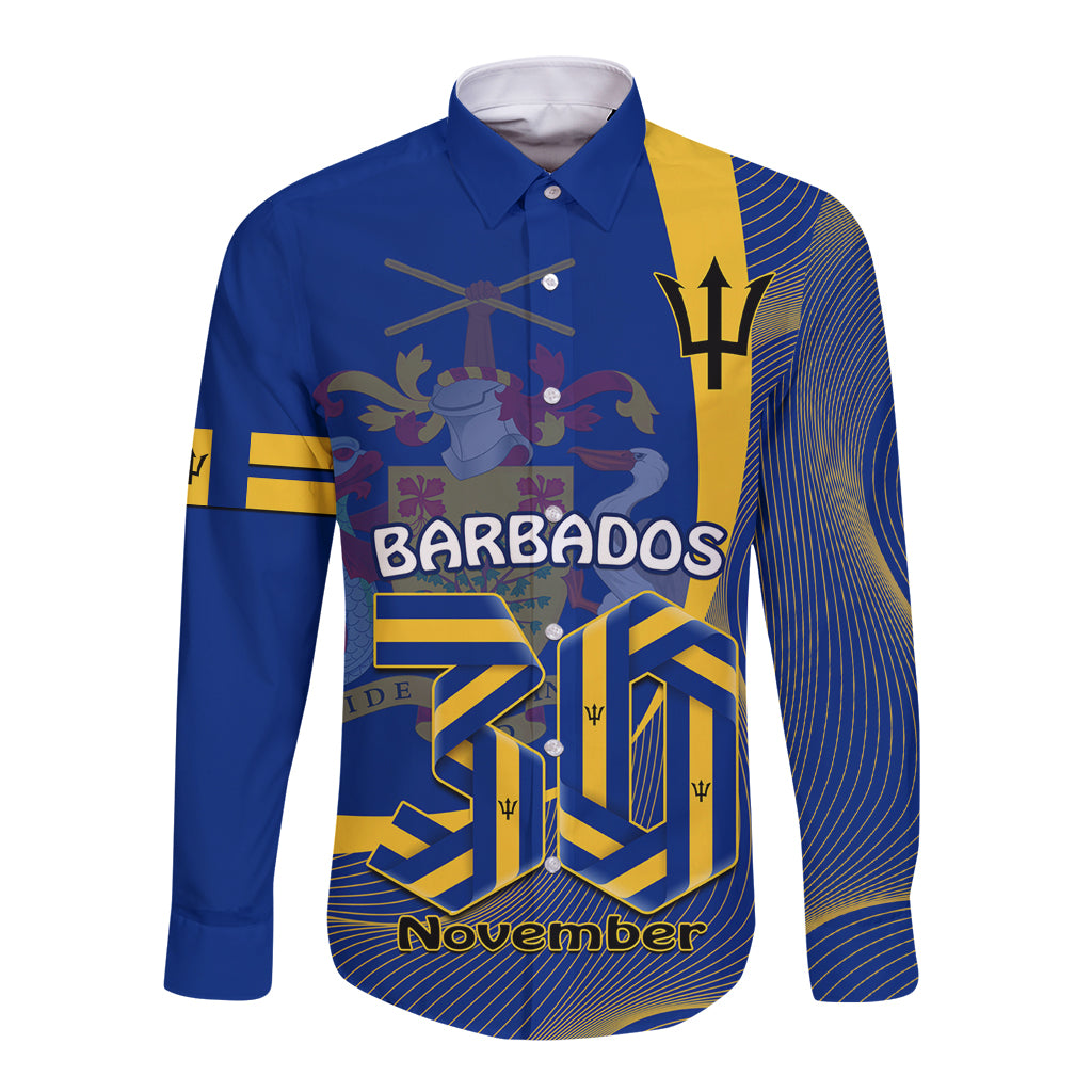 Blue long sleeve button shirt with Barbados graphic and November date print