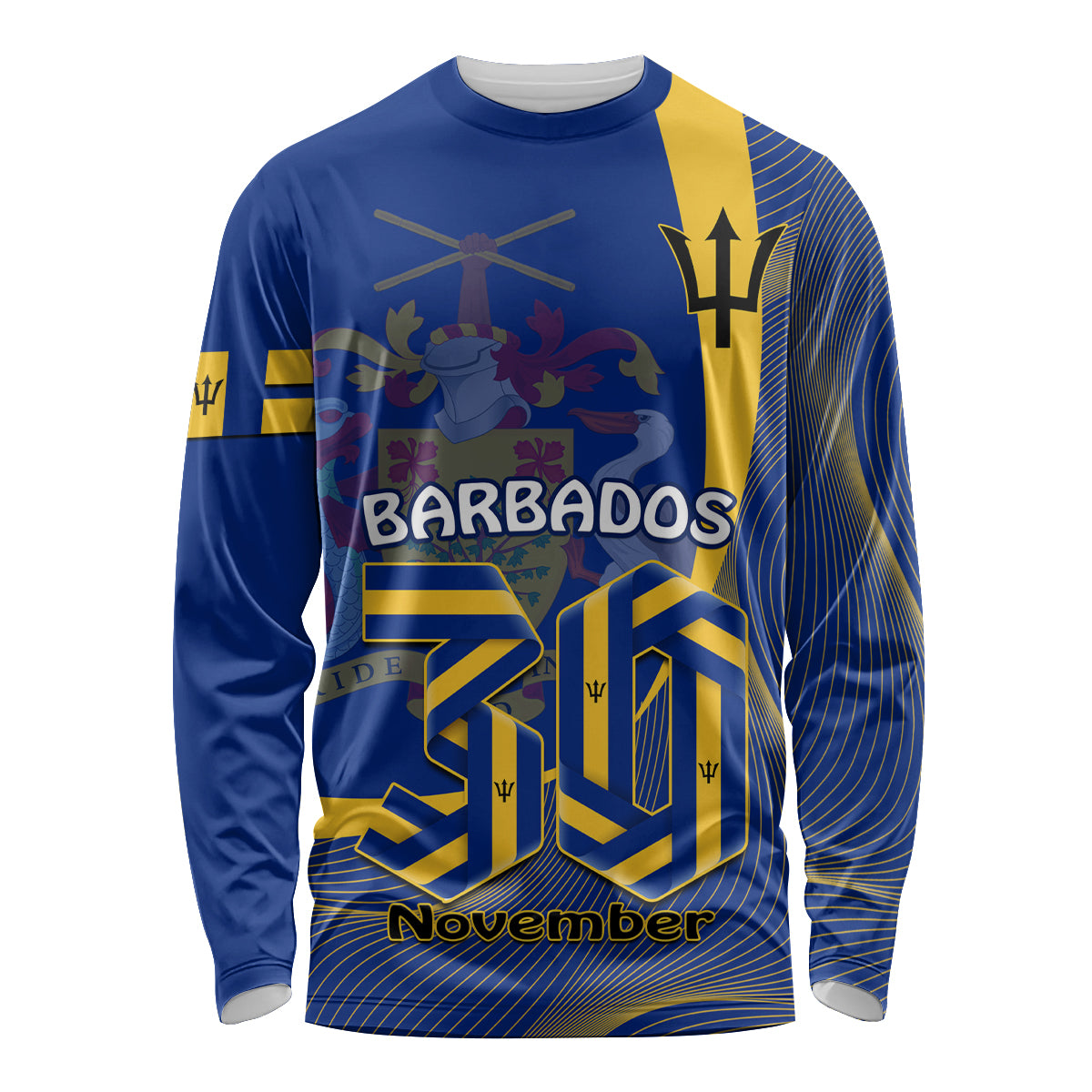 Blue long-sleeve shirt with Barbados graphic and November 30 design
