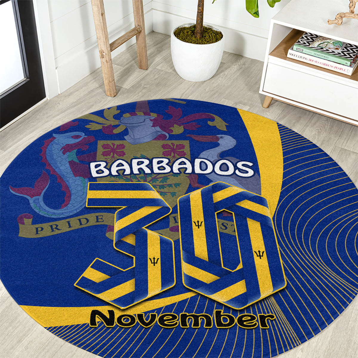 Round blue round carpet with Barbados, Pride, and 30 November graphic design