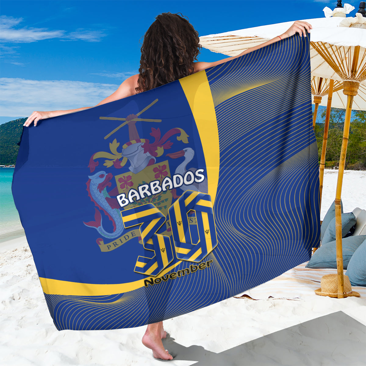 Blue Independence Day sarong with yellow trim, 'Barbados' crest and wavy stripes