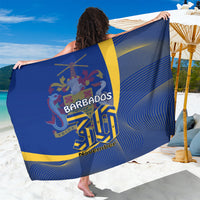 Blue Independence Day sarong with yellow trim, 'Barbados' crest and wavy stripes