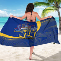 Blue sarong with yellow border, 'Barbados' graphic and wavy stripe pattern