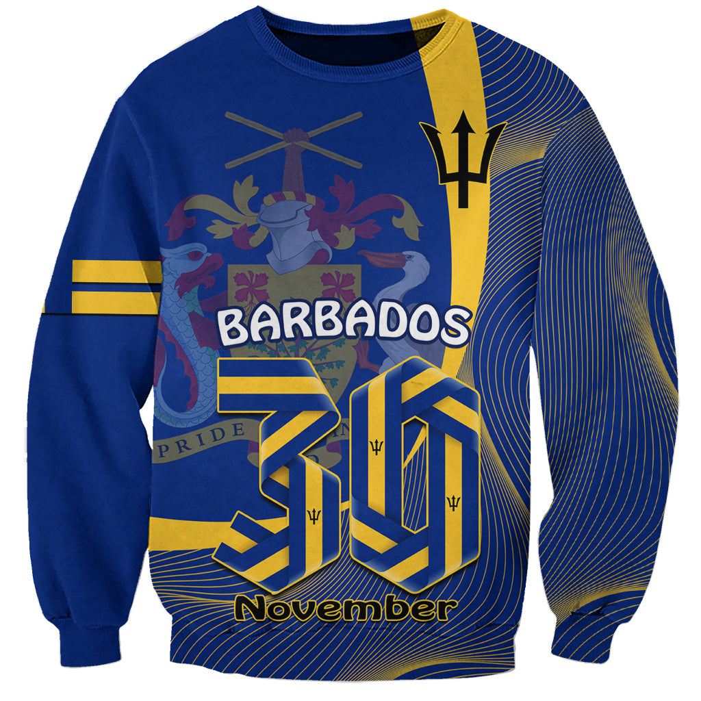 Blue crewneck sweatshirt with Barbados-themed flag graphic and 'November' text