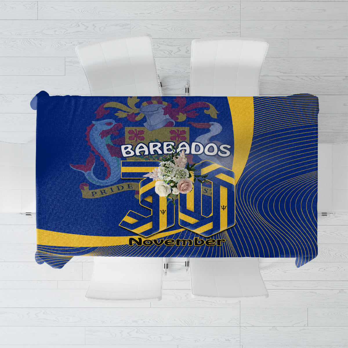Blue tablecloth with Barbados graphic, floral crest, and wavy stripe pattern