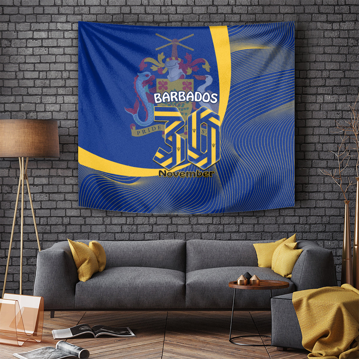 Blue Barbados independence day tapestry with crest, wave lines, and “November” text