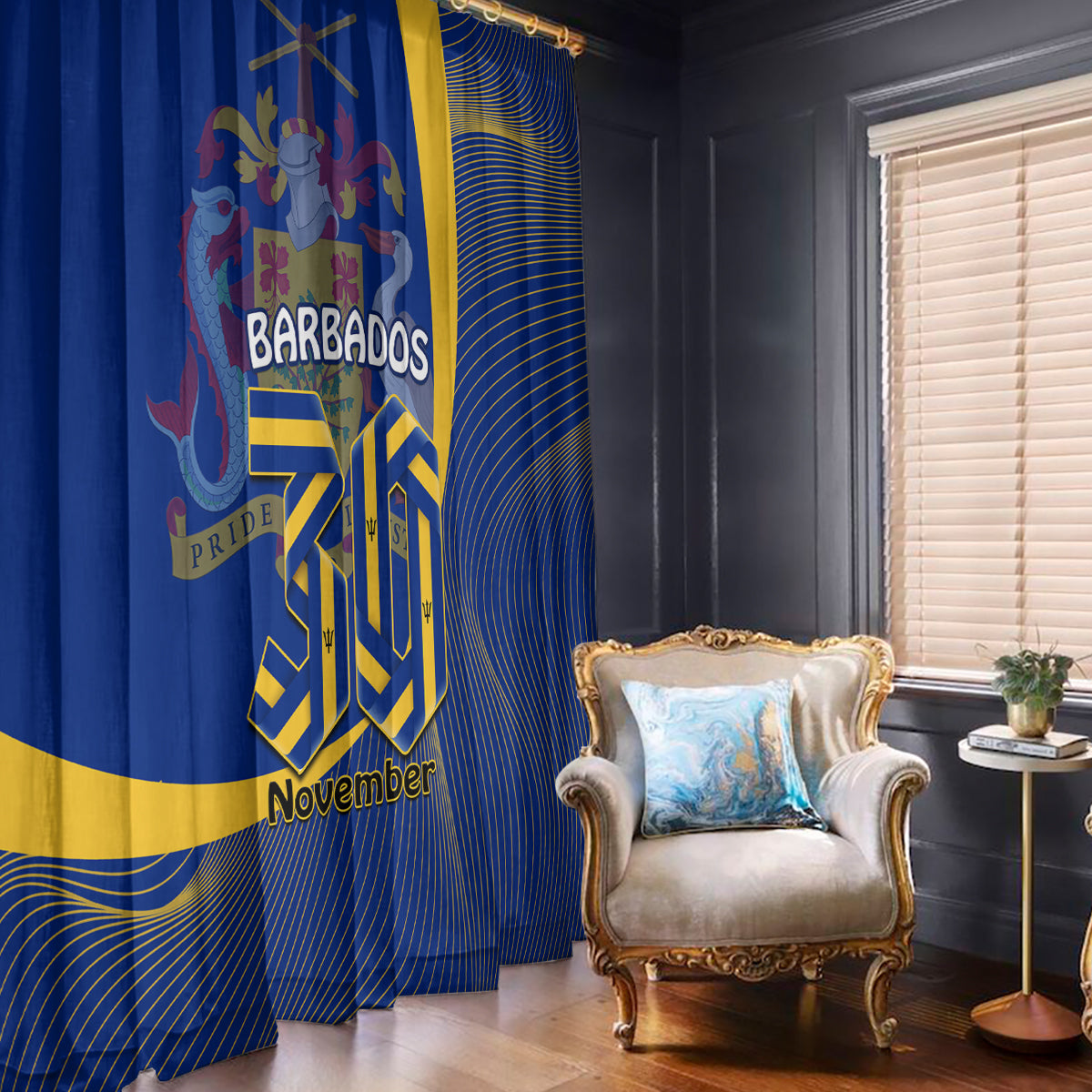 Blue Barbados flag window curtain with Pride emblem and wavy gold stripes