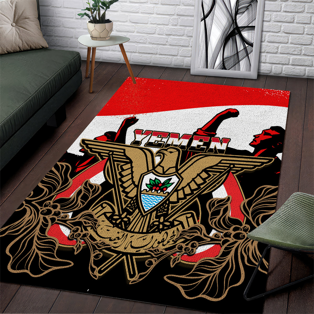 Yemen Independence Day Area Rug Yemeni Coat Of Arms With Coffea Arabica Flowers - Wonder Print Shop