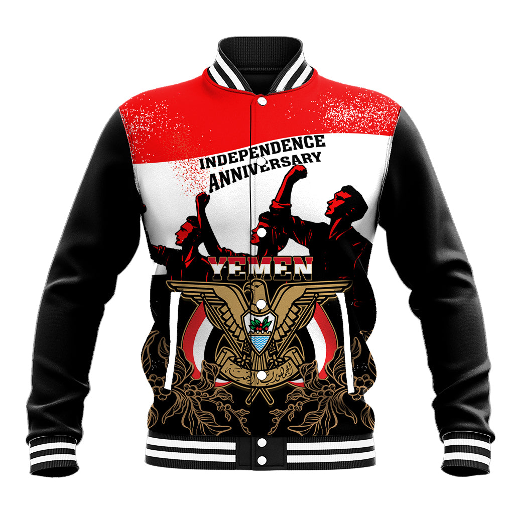 Black-and-red baseball jacket, Yemen crest and Independence Anniversary front print