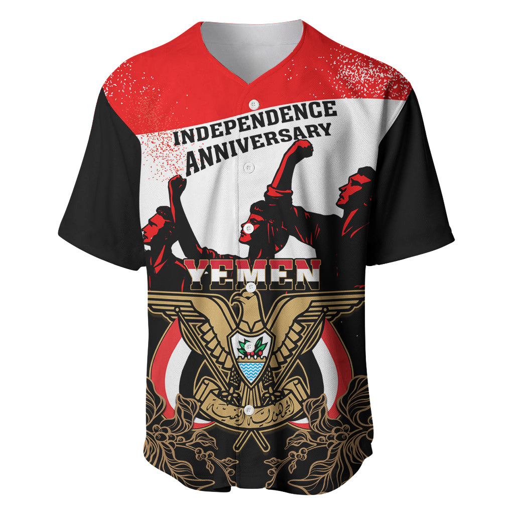 Personalized Yemen independence day baseball jersey, black with red shoulders and crest graphic